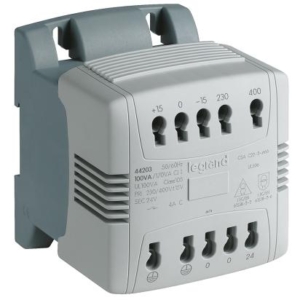 044203 Legrand Control, safety and isolation transformer with automatic terminals 100 VA. Primary 230400Vac Secondary 24 Vac. Active parts protected by cover.Filtering of eddy currents. Possibility of direct mounting on symmetrical rail.