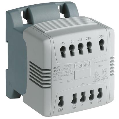 044203 Legrand Control, safety and isolation transformer with automatic terminals 100 VA. Primary 230400Vac Secondary 24 Vac. Active parts protected by cover.Filtering of eddy currents. Possibility of direct mounting on symmetrical rail.