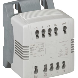044202 Legrand Control, safety and isolation transformer with automatic terminals 63 VA. Primary 230400Vac Secondary 24 Vac. Active parts protected by cover.Filtering of eddy currents. Possibility of direct mounting on symmetrical rail.