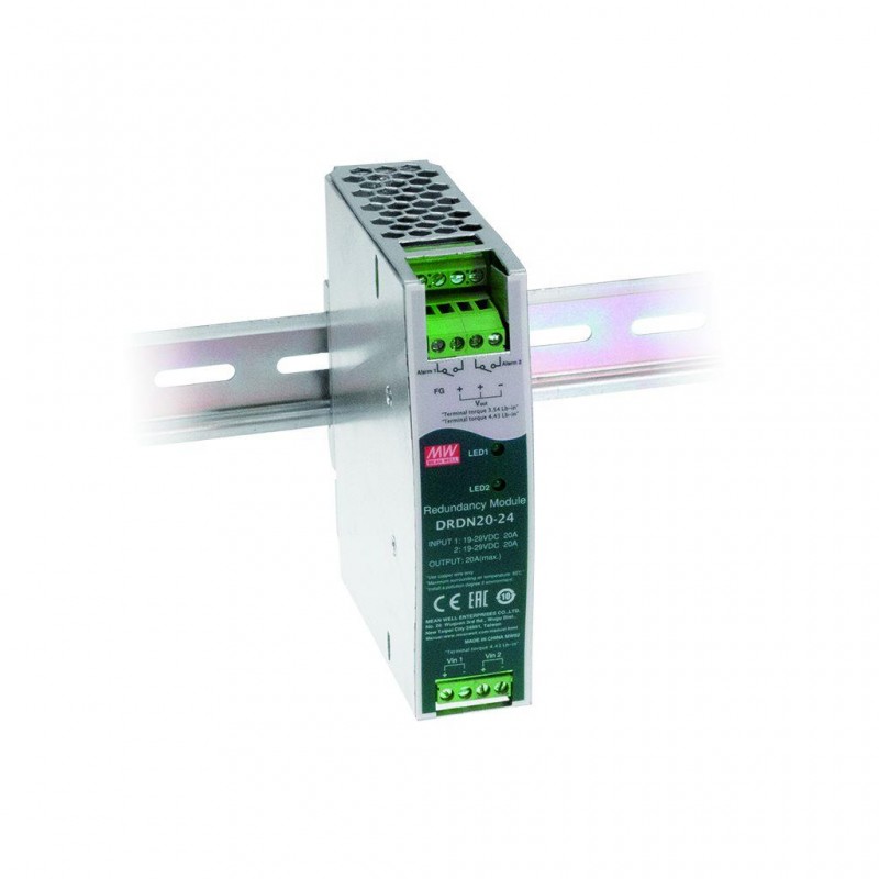 DRDN20-24 Mean Well 20A DIN rail Redundancy Module to improve overall system operation reliability; Support 1+1 and N+1 redundancy system; 2 channels input and 1 output; DC OK; Input 24Vdc