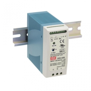 DRC-60A Mean Well AC-DC Industrial DIN rail with UPS function; Output 13.8Vdc at 2.8A + 13.8Vdc at 1.5A; with battery charger output