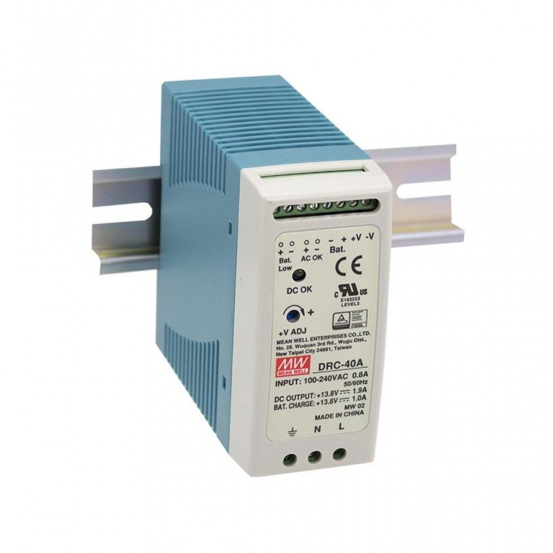 DRC-40A Mean Well AC-DC Industrial DIN rail with UPS function; Output 13.8VDC at 1.9A + 13.8VDC at 1A; with battery charger output