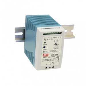 DRC-100A Mean Well AC-DC DIN rail single output power supply with battery charger (UPS function); Output 13.8Vdc at 4.5A and 13.8Vdc at 2.5A