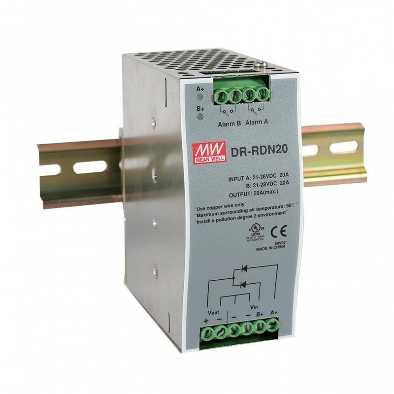 DR-RDN20 Mean Well AC-DC Industrial DIN rail power supply; Output 24Vdc at 20A; redundant module; DR-RDN20 is succeeded by DRDN20-12.
