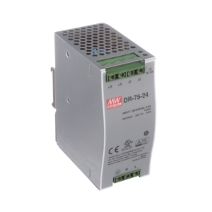 DR-75-24 Mean Well POWER SUPPLY, 24 VDC OUTPUT, 3.2 AMP, 75 WATTS, 100-240 VAC UNIVERSAL SUPPLY VOLTAGE, METAL CASE, DIN RAIL MOUNT