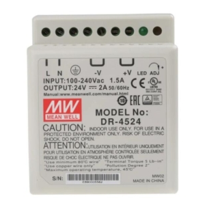DR-4524 Mean Well POWER SUPPLY, DIN RAIL, PANEL MOUNT, SINGLE OUTPUT, LED INDICATION, 100-240 VAC, 50/60 HZ, 2 AMP, 24 VDC, 48 WATT