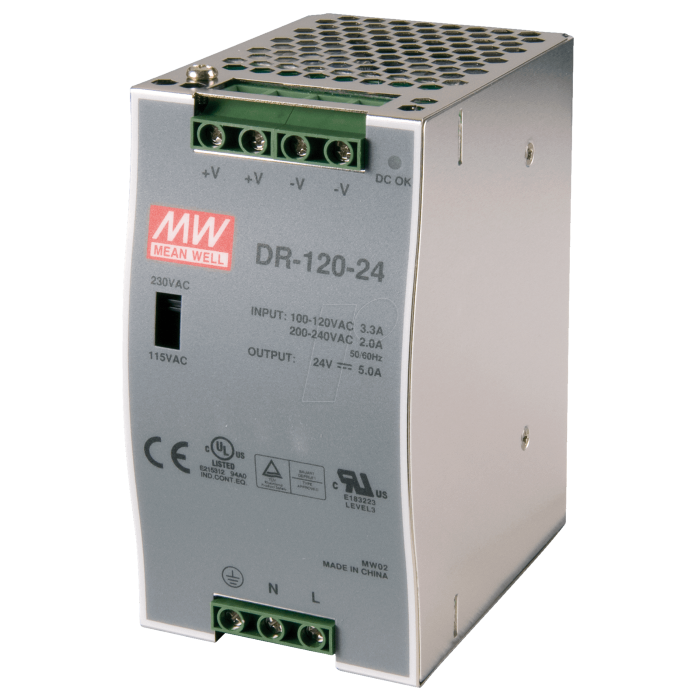 DR-120-24 Mean Well POWER SUPPLY,INDUSTRIAL,AC-DC,DIN RAIL,DR-120 SERIES,OUTPUT - 24 V DC,5 AMP,120 W,INPUT - 88-132 / 176-264 V AC,ENCLOSED,METAL CASE