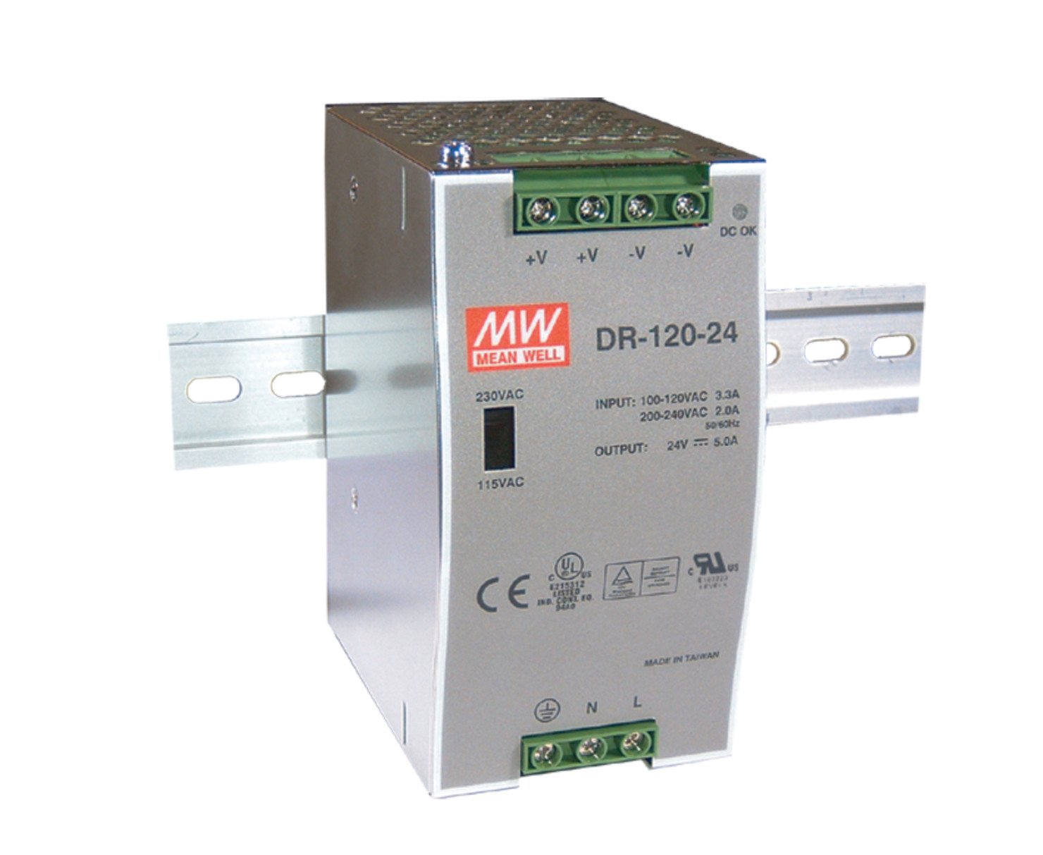DR-120-12 Mean Well POWER SUPPLY, AC-DC, 12 VOLT, 10 AMP, INPUT VOLTAGE 100-240 VOLT AC, DIN RAIL MOUNT, OUTPUT CURRENT 10 AMP, OUTPUT POWER 120 W, DR SERIES