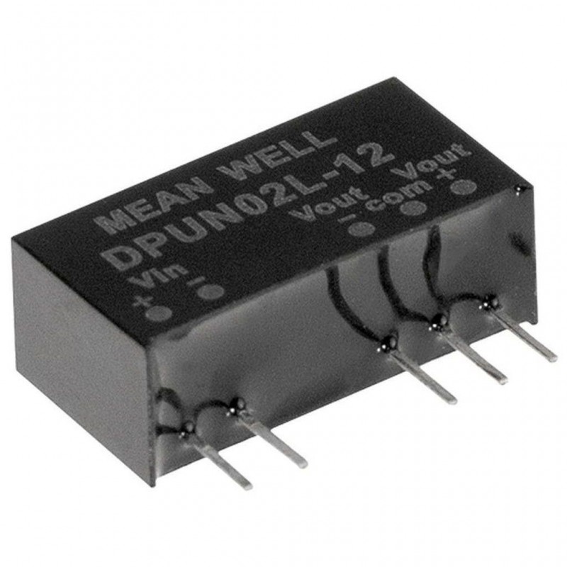 DPUN02L-15 Mean Well DC-DC Converter PCB mount; Input 4.5-5.5Vdc; Dual Output +-15Vdc at +-0.067A; SIP Through hole package; 3000Vdc I/O isolation