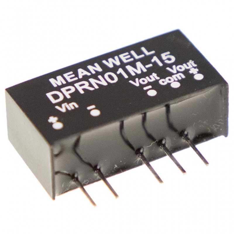 DPRN01L-12 Mean Well DC-DC Converter PCB mount; Input 4.75-5.5Vdc; Dual Output +-12Vdc at +-0.042A; SIP through hole package; 1500Vdc I/O isolation