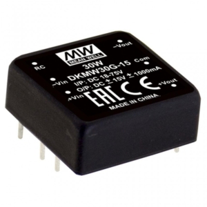DKMW30G-15 Mean Well DC-DC Converter PCB mount; Input 18-75Vdc; Dual Output +-15Vdc at +-1A; DIP Through hole package; 1\" x 1\" ultra compact size; Remote ON/OFF