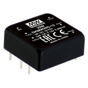 DKMW20G-15 Mean Well DC-DC Converter PCB mount; Input 18-75Vdc; Dual Output +-15Vdc at +-0.66A; DIP Through hole package; 1\" x 1\" ultra compact size; Remote ON/OFF