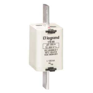 017865 Legrand Knife fuses type gG A.C.R. High breaking capacity. Size 2. With indicator. Rated current 250 A, Voltage 500 Vac. Breaking capacity 120 kA