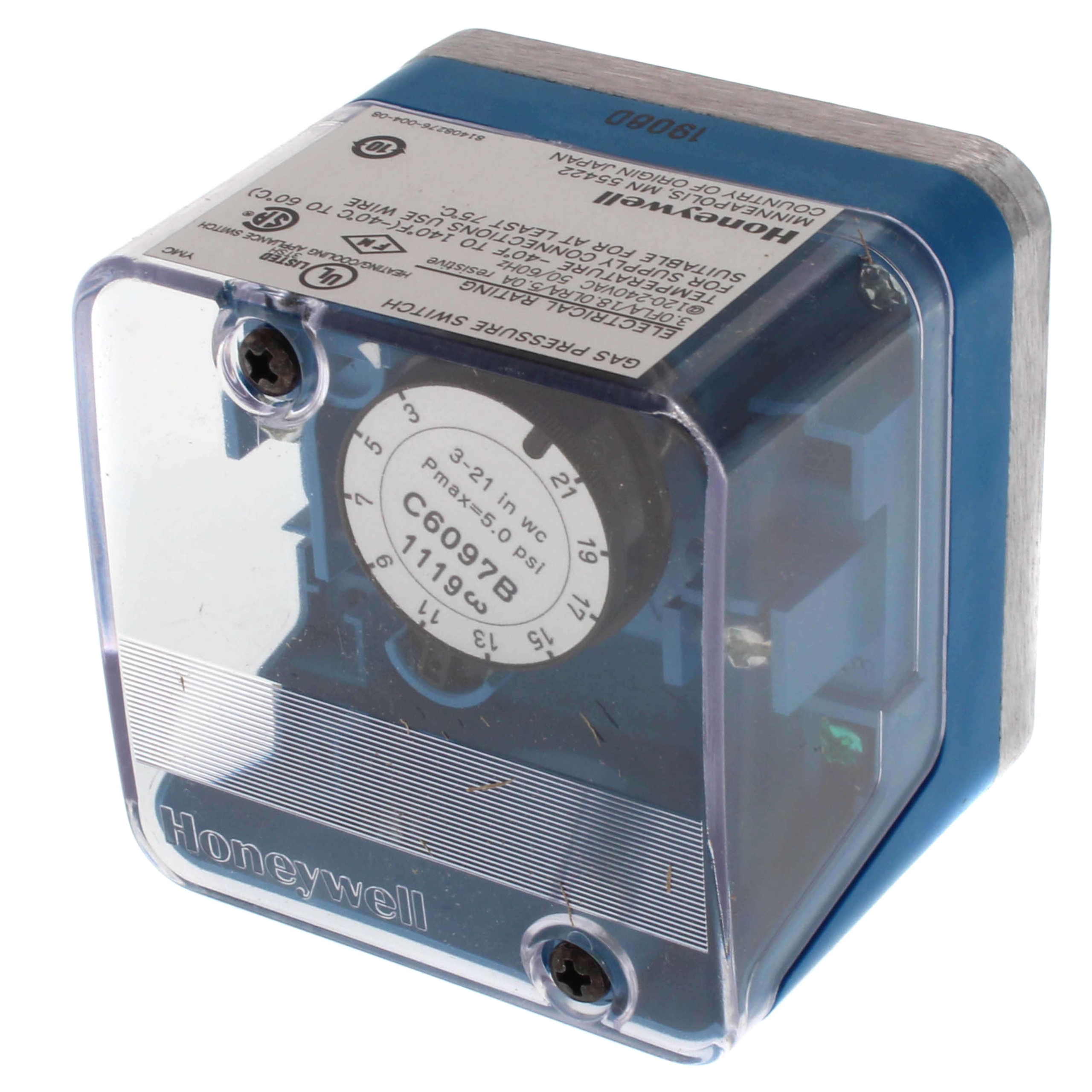C6097B1119 Honeywell 3\" TO 21\" W.C AUTO RESET, 1/4\" NPT PRESSURE SWITCH, BREAK ON PRESSURE RISE, MAX PRESSURE (PSI): 0.24\" W.C