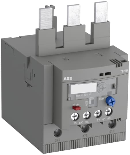 1SAZ911201R1005 ABB - TF96-87 TF96-87 Thermal Overload Relay 75 ... 87 A. The TF96-87 thermal overload relay is an economic electromechanical protection device for the main circuit. It offers reliable and fast protection for motors in the event of overload or phase failure. The device has trip class 10. Further features are the temperature compensation, trip contact (NC), signal contact (NO), automatic- or manual reset selectable, trip-free mechanism, STOP function and a trip indication. The overload relays are connected directly to the block contactors. Single mounting kits are available as accessory.