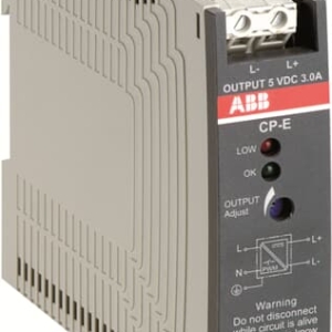 1SVR427033R3000 ABB - CP-E 5/3.0 CP-E 5/3.0 Power supply In:100-240VAC Out: 5VDC/3.0A. The CP-E 5/3.0 is a power supply from the CP-E range. The primary switch mode power supply offers a wide range input of 90-264 V AC and 120-375 V DC, rated input voltage is 100-240 V AC. The rated output power is 15 W, rated output current is 3.0 A at an output voltage of 5 V DC. The output voltage is adjustable within a range of 4.5 to 5.75 V DC. The output characteristic is hiccup-mode. The power supply allows parallel operation to enable redundancy. A redundancy unit is available as accessory.