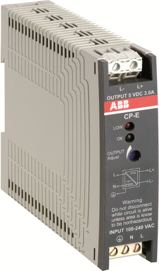 1SVR427033R3000 ABB - CP-E 5/3.0 CP-E 5/3.0 Power supply In:100-240VAC Out: 5VDC/3.0A. The CP-E 5/3.0 is a power supply from the CP-E range. The primary switch mode power supply offers a wide range input of 90-264 V AC and 120-375 V DC, rated input voltage is 100-240 V AC. The rated output power is 15 W, rated output current is 3.0 A at an output voltage of 5 V DC. The output voltage is adjustable within a range of 4.5 to 5.75 V DC. The output characteristic is hiccup-mode. The power supply allows parallel operation to enable redundancy. A redundancy unit is available as accessory.