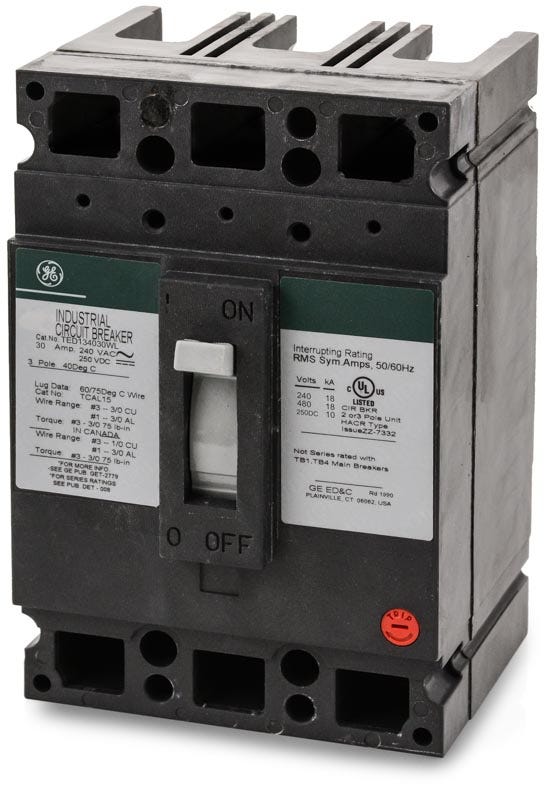 TED134030WL General Electric CIRCUIT BREAKER, MOLDED CASE, 3P, 3PH, 30A, 480V, 18KA@480V, COMPLETE WITH LINE & LOAD SIDE LUG TERMINALS, STANDARD INTERRUPTING CAPACITY, 40C, FEED-THRU, THERMAL MAGNETIC