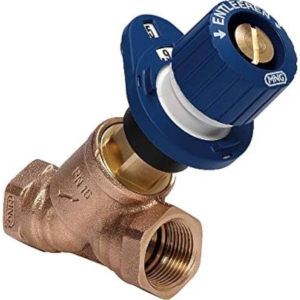 V5010Y0050 Honeywell Kombi-3-Plus blue, for return flow, gunmetal housing. General draining by means of adapter via the bonnet, subsequent differential pressure control possible by means of diaphragm regulator mounted on the bonnet (up to and including DN 40), no attachments to the valve body. Visible presetting display with concealed presetting ring, high accuracy due to individual adjustment. Maintenance-free spindle sealing due to double O-ring, PTFE seat sealing. DN 10 - 20 Universal connection with socket thread to DIN 2999 (ISO 7) for threaded pipe or for Cu and precision steel pipe 10 - 22 mm using clamping ring and pressure screw. DN 25 - 80 Connection with socket thread to DIN 2999 (ISO 7) for threaded pipe. For pH value from 8 - 9.5.