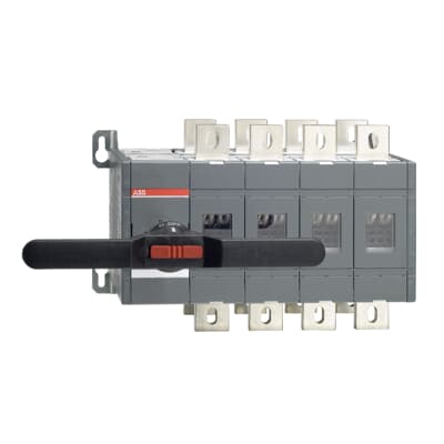 1SCA022872R1250 ABB - OT1250E04CP 1250A, 4 pole manual change-over switch including a black plastic IP65 I-0-II pistol type handle (see the table below), shaft and bolt set for the cable connection. Handle padlockable in the 0-position, door interlock in the I- and II- positions and when padlocked.