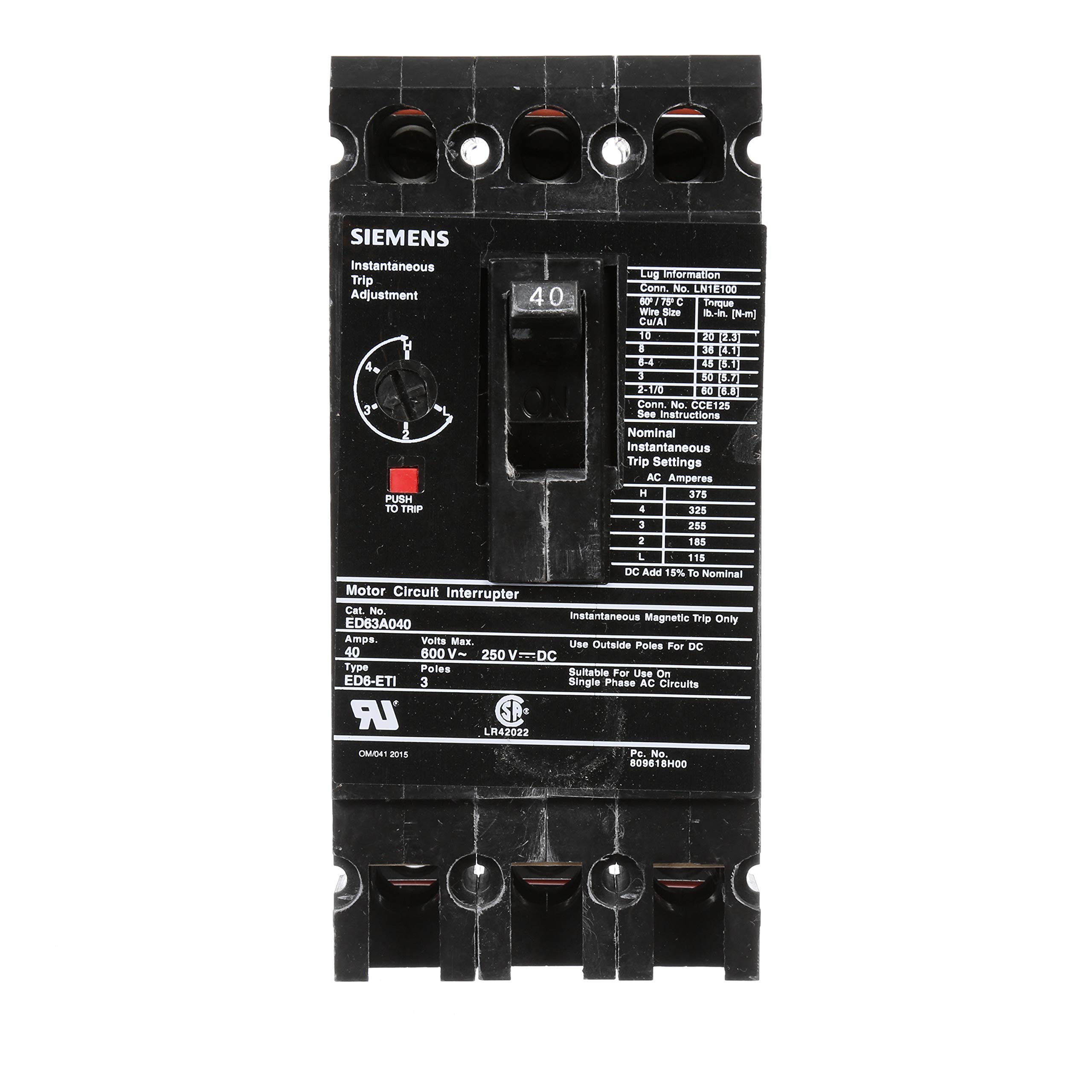 US2:ED63A040BP Siemens - ED63A040BP SIEMENS LOW VOLTAGE SENTRON MOLDED CASE CIRCUIT BREAKER WITH MAGNETIC TRIP ONLY UNIT. STANDARD RANGE ETI BREAKER ED FRAME WITH STANDARD BREAKING CAPACITY. MEETS UL 489 / IEC 60947-2 STANDARDS. 40A 3-POLE BREAKER (18KAIC AT 600V) (25KAIC AT 480V). SPECIAL FEATURES: LOAD LUGS ONLY (LN1E100) WIRE RANGE: 10 - 1/0AWG (CU/AL), VALUE PACK. DIMENSIONS (W x H x D) IN: 3 x 6.35 x 3.92.
