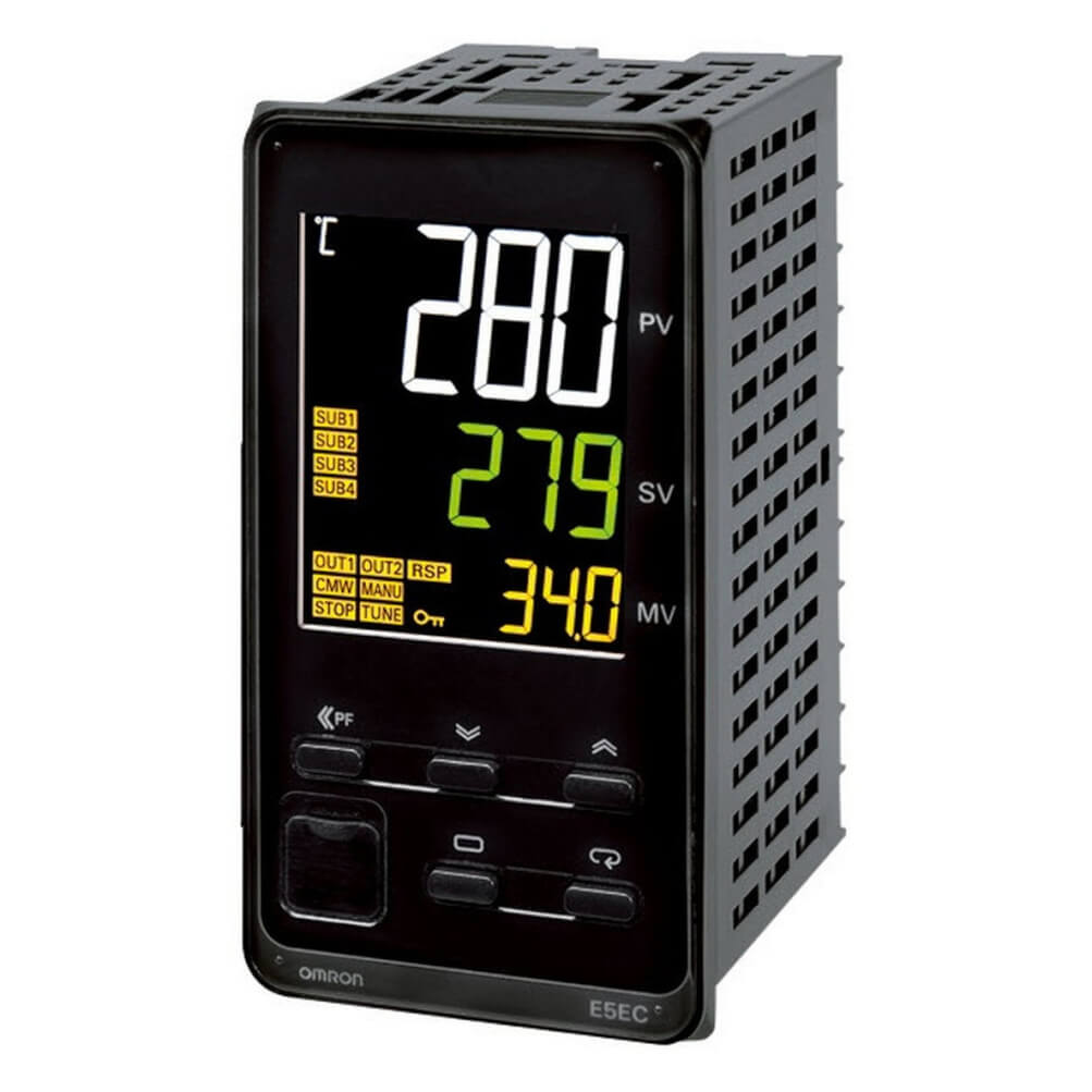356349 Omron - E5EC-CX4A5M-005 Omron - E5EC-CX4A5M-005 TEMPERATURE CONTROLLER, 1/8DIN (48 X 96MM), 1 X 0/4-20MA CURRENT OUTPUT, 4 X AUXILIARY RELAY OUTPUTS, UNIVERSAL INPUT TYPE, 4 X EVENT INPUTS, 100-240 VAC