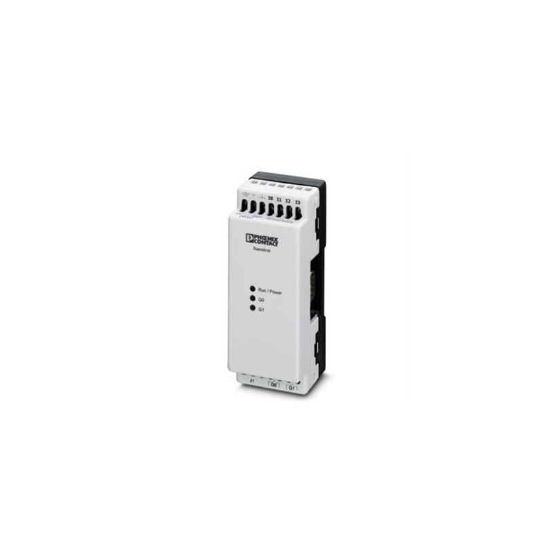 2400079 Phoenix Contact - Base unit - NLC-040-024D-04I-02QRD-05A 24VDC Nanoline base unit. Equipped with 4 digital input and 2 relay output channels. Two inputs may be configured as analog inputs. Accepts one additional NLC-IOX... expansion unit. Onboard RJ11 connector provides programming and serial connectivity. Programming is via LOGIC+.