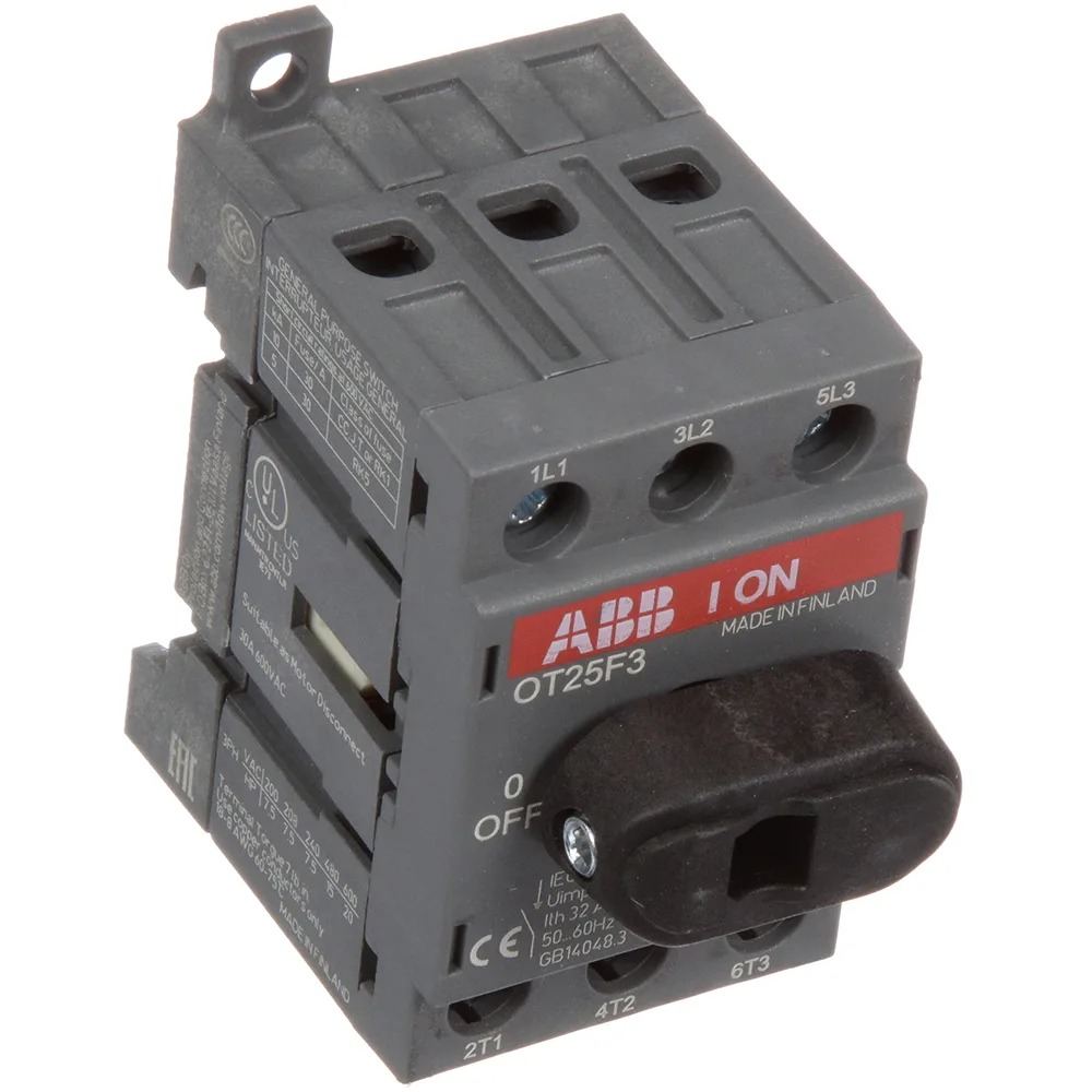 1SCA104857R1001 ABB - OT25F3 SWITCH-DISCONNECTOR, 3-pole, front operated, base mounted, DIN-rail mountable switch-diconnector / non-fusible diconnect switch with protected clamp terminals, handle and shaft are not included