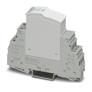 2905229 Phoenix Contact - PLT-SEC-T3-230-FM Pluggable device protection, according to type 3/class III, for 1-phase power supply networks with separate N and PE (3-conductor system: L1, N, PE), with integrated surge-proof fuse and remote indication contact. Also suitable for DC applications.
