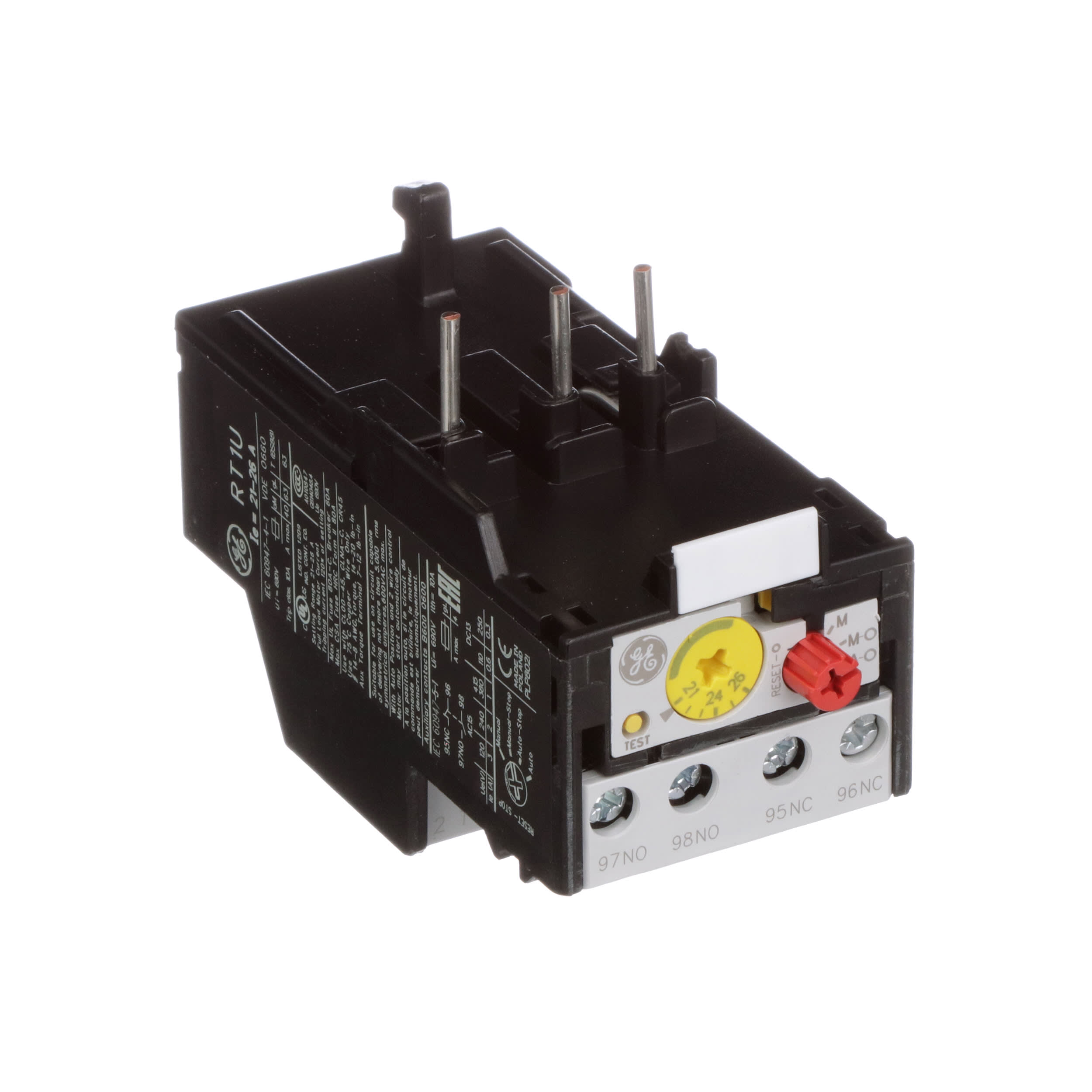 RT1U General Electric RELAY,THERMAL OVERLOAD,3 PHASE,1 N.O. / 1 N.C. BASE MOUNTED,AUTOMATIC/MANUAL RESET,21 - 26 AMP