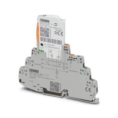 2906781 Phoenix Contact - TTC-6P-1X2-F-M-24DC-UT-I Surge protection, consisting of a removable plug and base element, with integrated status indicator and disconnect knife for a potential-free 2-wire signal circuit, e.g. 0(4) ... 20 mA current loop. Indirect earthing via gas discharge tube, HART-compatible. Can be used in safety circuits up to SIL 3.