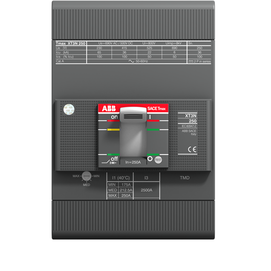 1SDA068221R1 ABB - XT3S 250 TMD 250-2500 3p F F Switch XT3S, Icu (415V) 50kA, 250A- TMD term.tico thermostat with adjustable thermal threshold and fixed magnetic 250-2500 3-pole fixed with front terminals.