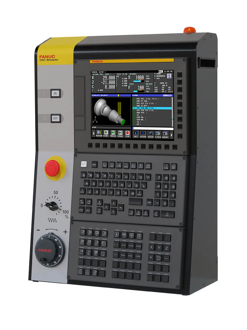 A02B-0158-B110#US Fanuc Standard CNC Simulator - A02B-0158-B110#US. Switchable mill and lathe system in one simulator, 3 Axis milling / 2 axis turning system + 1 spindle, Conversational programming and 3D simulation (MGi), Inch / metric switchable, 2MB part program storage, with 1,000 registered programs, 128 Tool offset pairs (T) and 400 Tool offset pairs (M), Work piece coordinates G52 – G59 + 48 additional on mill, 10.4” Color LCD, Full QWERTY keyboard, USB and Ethernet connectivity