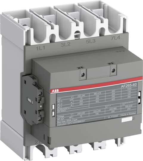 1SFL547102R1311 ABB - AF265-40-11-13 The AF265-40-11-13 is a 4 pole - 1000 V IEC or 600 V UL contactor with pre-mounted auxiliary contacts and Main Circuit Bars, controlling motors up to 132 kW / 400 V AC (AC-3) / and switching power circuits up to 400 A (AC-1) or 300 A UL general use. Thanks to the AF technology, the contactor has a wide control voltage range (100-250 V 50/60 Hz and DC), managing large control voltage variations, reducing panel energy consumptions and ensuring distinct operations in unstable networks. Furthermore, surge protection is built-in, offering a compact solution. AF contactors have a block type design, can be easily extended with add-on auxiliary contact blocks and an additional wide range of accessories.