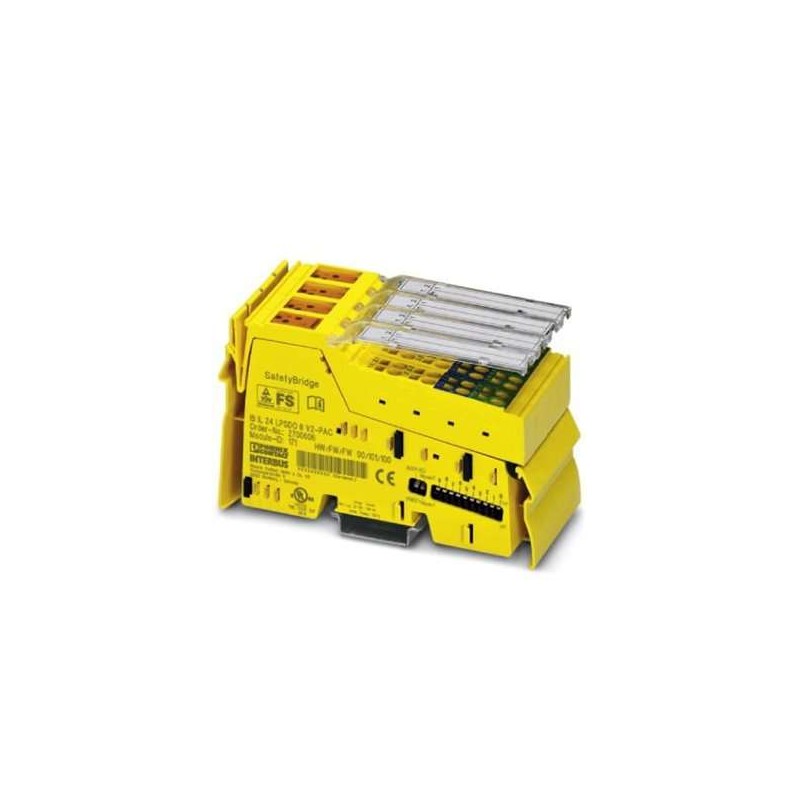 2700606 Phoenix Contact - Safety module - IB IL 24 LPSDO 8 V2-PAC Safety-related digital output module, IP20 protection, for the SafetyBridge system. The module has four safe digital outputs with two-channel occupancy or 8 safe digital outputs with single-channel occupancy