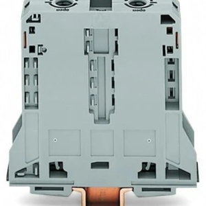 285-195 Wago TERMINAL BLOCK, POWER CAGE CLAMP, FEEDTHROUGH, 2 CONDUCTOR, 2 JUMPER SLOTS, 25 X 95 MM, LATERAL MARKER SLOTS, 4/0 AWG, T-WRENCH ACTUATION 8 MM, SIDE-ENTRY WIRING, DIN 35 X 15 RAIL MOUNT, GRAY