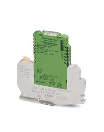 2865117 Phoenix Contact - Signal isolator - PI-EX-NAM/TO-P Ex i binary input: NAMUR isolation amplifiers. For operating proximity sensors and switches in Ex areas. The signals are transmitted to a safe area. Transistor output (passive), line fault detection. Galvanic 3-way isolation.