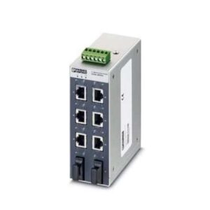 2891025 Phoenix Contact - Industrial Ethernet Switch - FL SWITCH SFNT 6TX/2FX Wide-temperature Ethernet switch, 6 TP RJ45 ports, 2 FO ports, 100 Mbps full duplex in SC-D format, automatic detection of data transmission speed of 10 or 100 Mbps (RJ45), autocrossing function, autocrossing function, reads QoS priority messages, accepts security frames