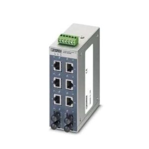 2891049 Phoenix Contact - Industrial Ethernet Switch - FL SWITCH SFNT 6TX/2FX ST-C Wide-temperature Ethernet switch, 6 TP RJ45 ports, 2 FO ports, 100 Mbps full duplex in ST-D format, automatic detection of data transmission speed of 10 or 100 Mbps (RJ45), autocrossing function, autocrossing function, reads QoS priority messages, accepts security frames. Conformal coating for harsh environments.