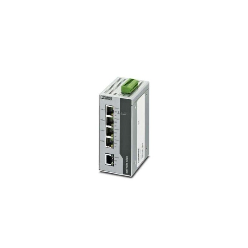 2891064 Phoenix Contact - Industrial Ethernet Switch - FL SWITCH 1001T-4POE PoE+ Ethernet switch conforms to IEEE 802.3at. Includes four PoE+ ports and one standard RJ45 port, all with 10/100 Mbps speeds.
