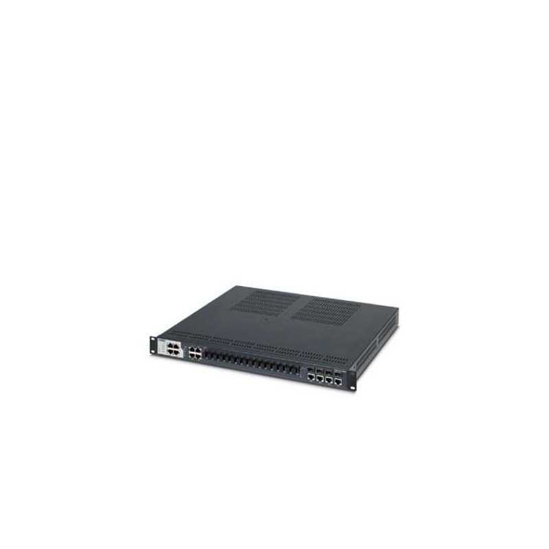 2891074 Phoenix Contact - Industrial Ethernet Switch - FL SWITCH 4808E-16FX SM LC-4GC Rack-mount managed Ethernet switch meets IEC 61850-3 and IEEE 1613. Provides eight RJ45 ports at 10/100 Mbps, 16 LC SM fiber ports at 100 Mbps and four gigabit combo ports (10/100/1000 Mbps RJ45 connection 1000 Mbps fiber optic connection requires 1000 Mbps SFP module).