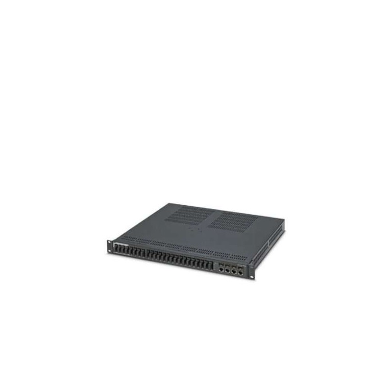 2891104 Phoenix Contact - Industrial Ethernet Switch - FL SWITCH 4800E-24FX SM-4GC Rack-mount managed Ethernet switch meets IEC 61850-3 and IEEE 1613. Provides eight RJ45 ports at 10/100 Mbps, 24 SC-D SM fiber ports at 100 Mbps and four gigabit combo ports (10/100/1000 Mbps RJ45 connection 1000 Mbps fiber optic connection requires 1000 Mbps SFP module).