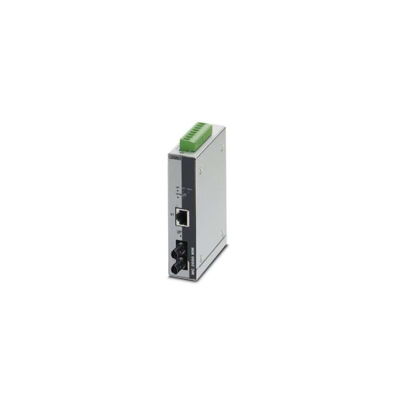 2891316 Phoenix Contact - FL MC 2000T ST FO converter with ST fiber optic connection (1300 nm), for converting 100Base-TX to multi-mode fiberglass. Auto MDI(X) function and comprehensive link diagnostics. DIN rail mountable with wide operating temperature range.