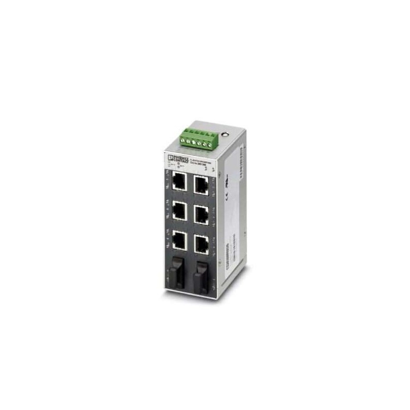2891987 Phoenix Contact - Industrial Ethernet Switch - FL SWITCH SFN 6GT/2LX Ethernet switch, 6 RJ45 ports, 10/100/1000 Mbps on all RJ45 ports, 2 single mode SC-D ports with high range, 1 Gbps full duplex, auto negotiation (RJ45), autocrossing function, with signal contact and QoS, extended temperature range