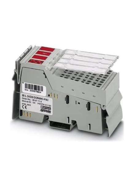 2897716 Phoenix Contact - IB IL 24/230 DOR4/HC-PAC Inline, Relay terminal, Relay output: 4 (floating contacts), 24 V DC / 230 V AC, 10 A, high inrush current, transmission speed in the local bus: 500 kbps, degree of protection: IP20, including Inline connectors and marking fields
