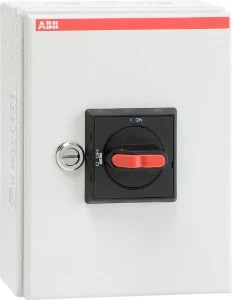 1SCA022612R9810 ABB - OTL16T3M OTL16T3M Safety switch. Safety switch, 3-p. 415V AC23 16A, 7.5kW. Mounted auxiliary contact: 1NO0NC. Steel sheet enclosure. IP65. Black Selector handle. Interlocked cover. Defeatable interlocking.  The enclosure of the OTL series is made of rigid alu-zinc coated steel with polyester powder coating. The enclosure has a hinged door, with door lock. The cover is interlocked, and can not be opened when switch is on. The interlock function can be defeated for thermographing. Suitable for outdoor use with respect to exposure to Ultraviolet Light, Water exposure and Immersion in accordance with UL746C. The cable entries are of knock out types. PE terminal included.