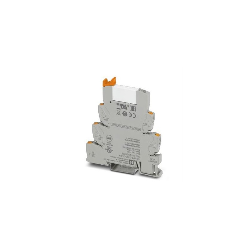 2900318 Phoenix Contact - Relay Module - PLC-RPT- 24UC/21/RW PLC-INTERFACE for railway applications, consisting of basic terminal block with push-in connection and plug-in miniature relay with power contact, range: 0.7 x UN to 1.25 x UN, temperature class TX: -40C to +70C, 1 PDT, input voltage 24 V DC