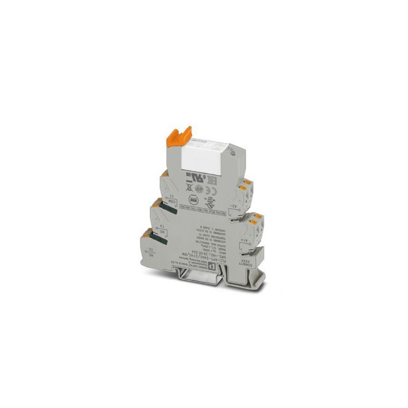 2900324 Phoenix Contact - Relay Module - PLC-RPT- 24UC/21HC/RW PLC-INTERFACE for railway applications and high continuous currents, consisting of basic terminal block with push-in connection and plug-in miniature relay, range: 0.7 x UN to 1.25 x UN, temperature class TX: -40C to +70C, 1 PDT, input voltage 24 V DC