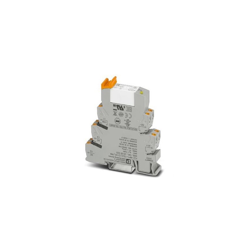 2900325 Phoenix Contact - Relay Module - PLC-RPT- 72UC/21HC/RW PLC-INTERFACE for railway applications and high continuous currents, consisting of basic terminal block with push-in connection and plug-in miniature relay, range: 0.7 x UN to 1.25 x UN, temperature class TX: -40C to +70C, 1 PDT, input voltage 72 V DC