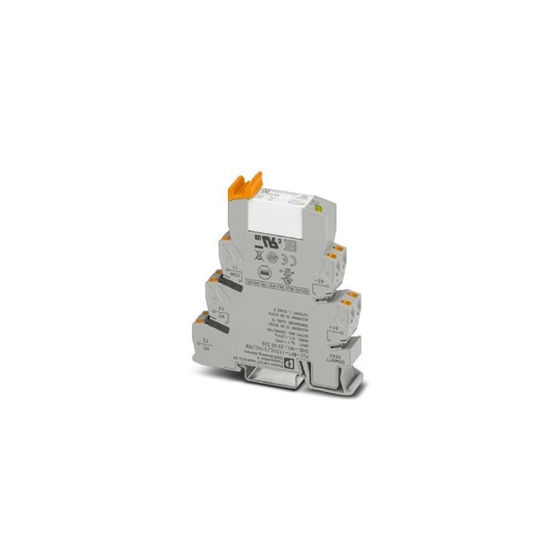2900326 Phoenix Contact - Relay Module - PLC-RPT-110UC/21HC/RW PLC-INTERFACE for railway applications and high continuous currents, consisting of basic terminal block with push-in connection and plug-in miniature relay, range: 0.7 x UN to 1.25 x UN, temperature class TX: -40C to +70C, 1 PDT, input voltage 110 V DC
